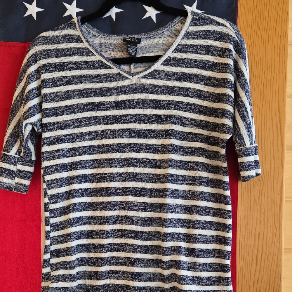 Rue21 Navy and White Striped V-Neck Tee